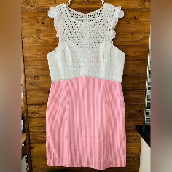 Lilly Pulitzer Dresses & Skirts - Lilly Pulitzer Maya Shift Dress Resort White Pink Floral Lace Seersucker